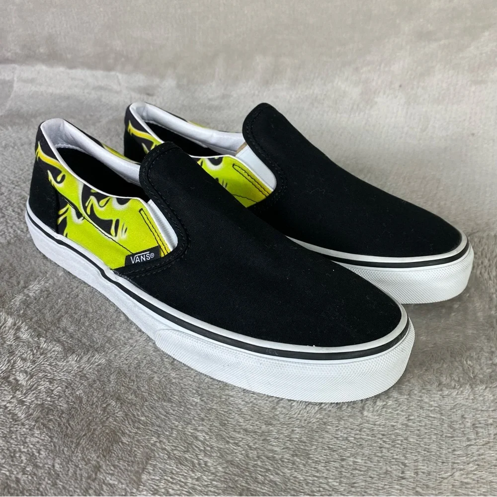 Vans Classic Slime Flame Slip On Sneaker Skate Shoe Junior Men 7 Black Green NEW